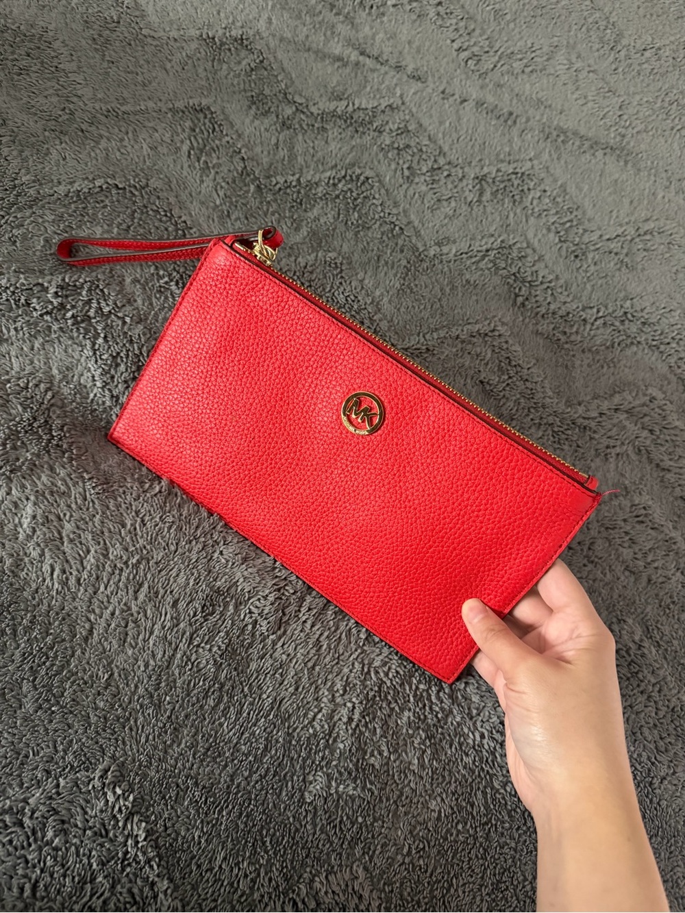 Michael Kors Red Pebbled Leather Wristlet Clutch with Gold Logo